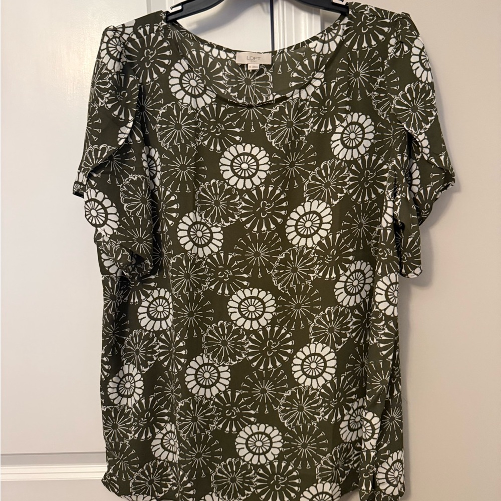LOFT Olive and White Floral Blouse
